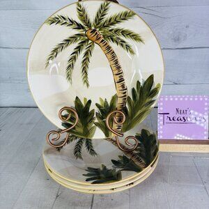 Tabletops THE ISLAND Palm Trees Smooth Hand Painted Ceramic Dinner Plates Set 4